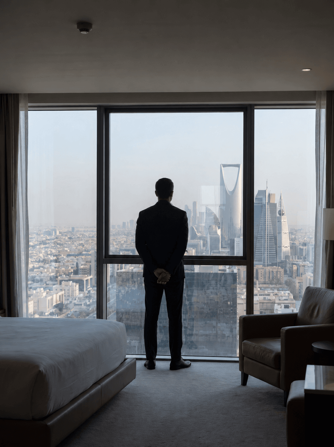 A host looking out over the Riyadh skyline and Kingdom Centre Tower from a high-rise hotel room